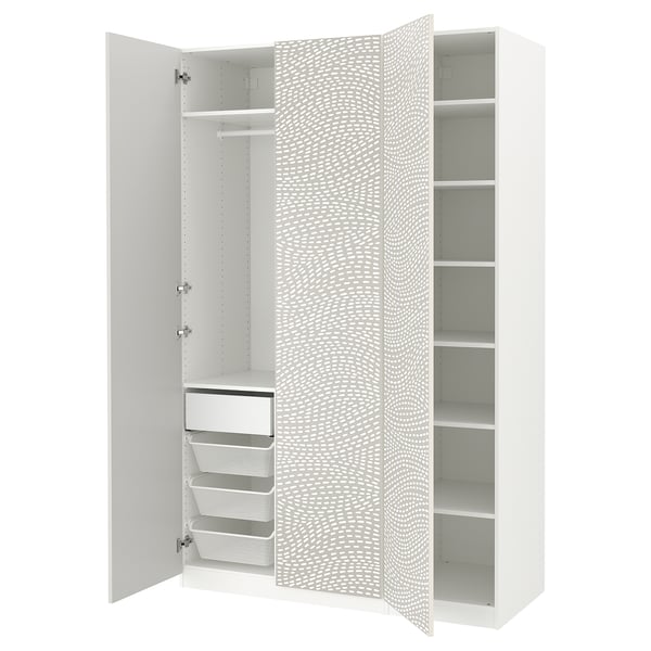 A white PAX wardrobe with mesh baskets and adjustable shelves.