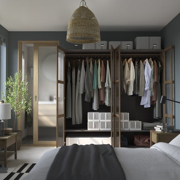 PAX / TONSTAD Wardrobe combination, dark grey brown/stained oak veneer glass, 200x60x201 cm