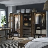 PAX / TONSTAD Wardrobe combination, dark grey brown/stained oak veneer glass, 300x60x201 cm
