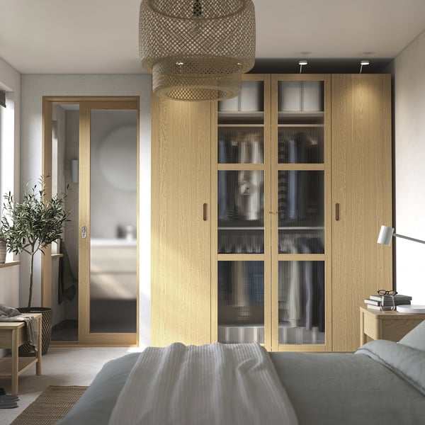 PAX / TONSTAD Wardrobe combination, grey-beige/oak veneer glass, 200x60x236 cm