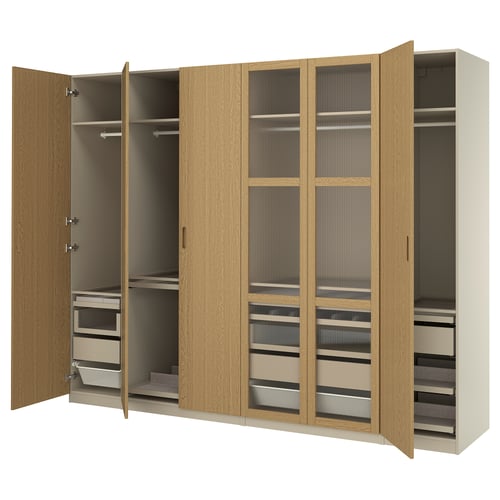 PAX / TONSTAD Wardrobe combination, grey-beige/oak veneer, 300x60x236 cm