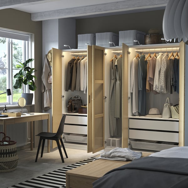 PAX / TONSTAD Wardrobe combination, white/oak veneer glass, 250x60x201 cm