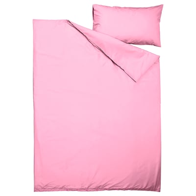 Light pink bedding set. Includes duvet & pillow cover. Simple, smooth design. Eco-friendly, recycled materials.