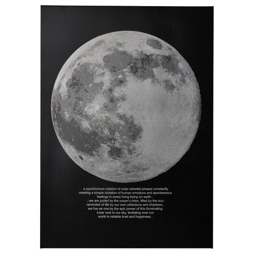 Black poster with large, textured full moon, surrounded by poetic text. Moon and typography in silver, contrasting matte background.