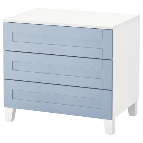 A stylish PLATSA chest with three light blue drawers and white legs. The modern design sleek lines.