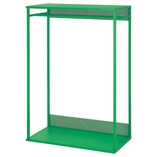 Bright green PLATSA wardrobe, narrow frame, open design, metal & honeycomb panel.