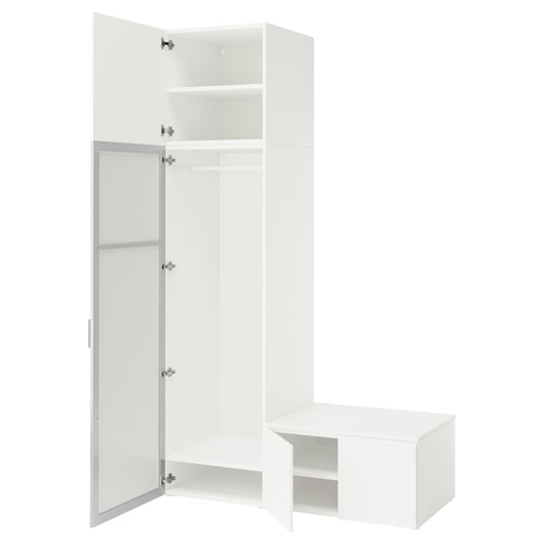 A PLATSA white storage unit with mirrored doors and an open compartment. It’s sleek and modern, ideal for small spaces.