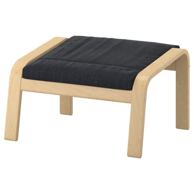 POÄNG footstool, light wood, dark grey cushion, curved legs, simple design.