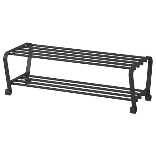 PORTIS, sleek black metal shoe rack, rectangular design, multiple slanted shelves for easy access.