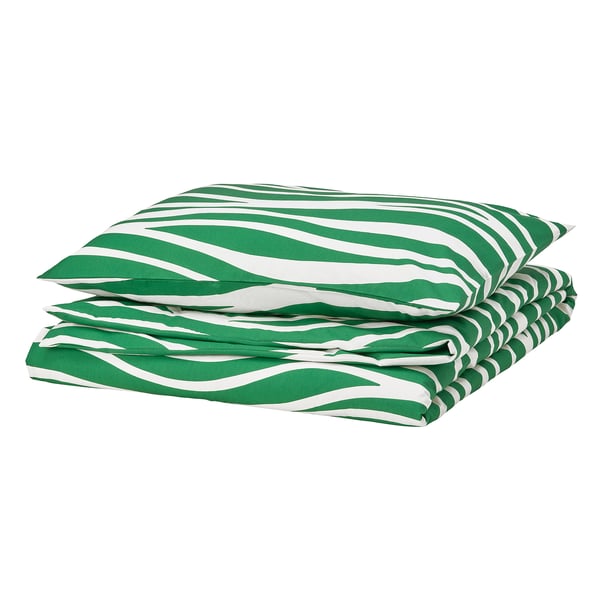 PORTLAKMÅLLA Duvet cover and pillowcase, green/white, 150x200/50x80 cm