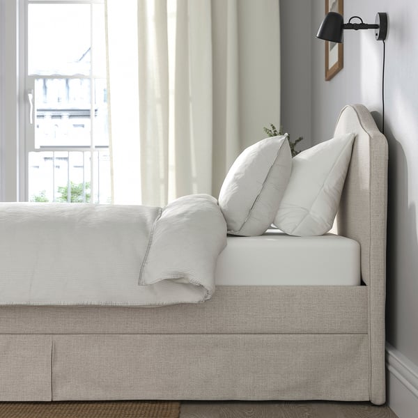 RAMNEFJÄLL Upholstered bed frame, Kilanda light beige/Lindbåden, 90x200 cm