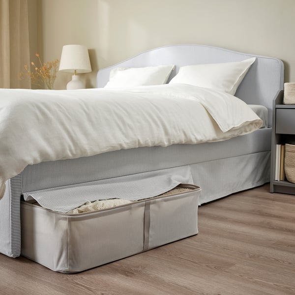 RAMNEFJÄLL Upholstered bed frame, Klovsta grey/white/Lindbåden, 160x200 cm
