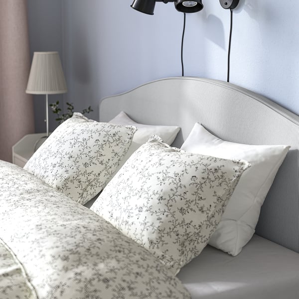 RAMNEFJÄLL Upholstered bed frame, Klovsta grey/white, 160x200 cm