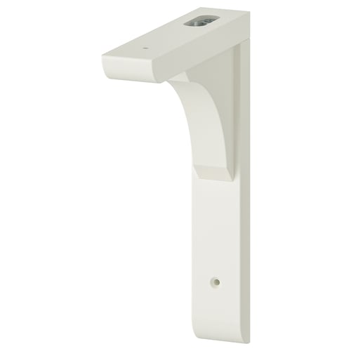 A white RAMSHULT bracket, suitable for 20 or 30 cm deep shelves. Made of acrylic paint and fiberboard, its versatile and easy to mount.