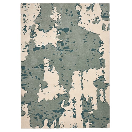 Ringkloka rug: beige-green, abstract, rectangular, textured pattern, recycled materials.