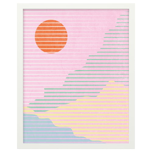 Stylish RÖDALM art frame, white, with pastel pink and orange sun, horizontal lines, fiberboard and plastic.