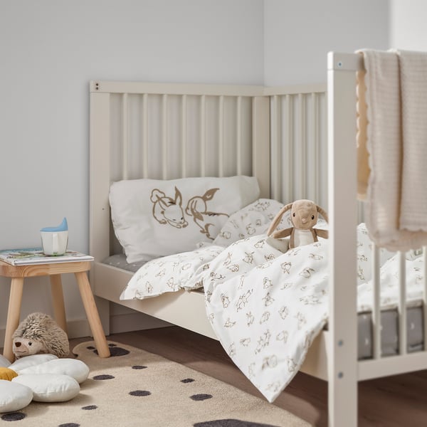 RÖDHAKE Duvet cover 1 pillowcase for cot, rabbit pattern/white/beige, 110x125/35x55 cm