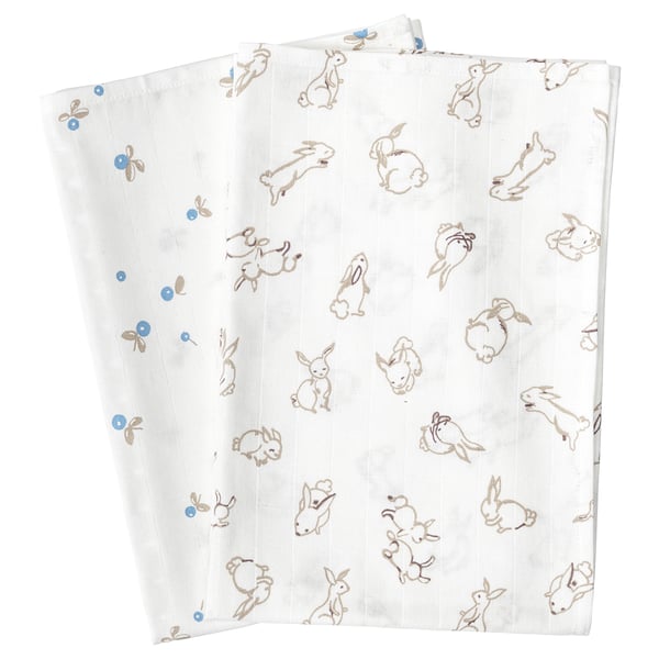 RÖDHAKE Muslin square, rabbits/blueberries pattern/white, 70x70 cm