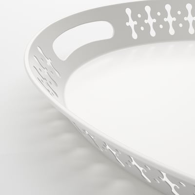 A white ROMANTISK serving tray with handles. Its design a patterned rim, and it is made of epoxy-coated steel.