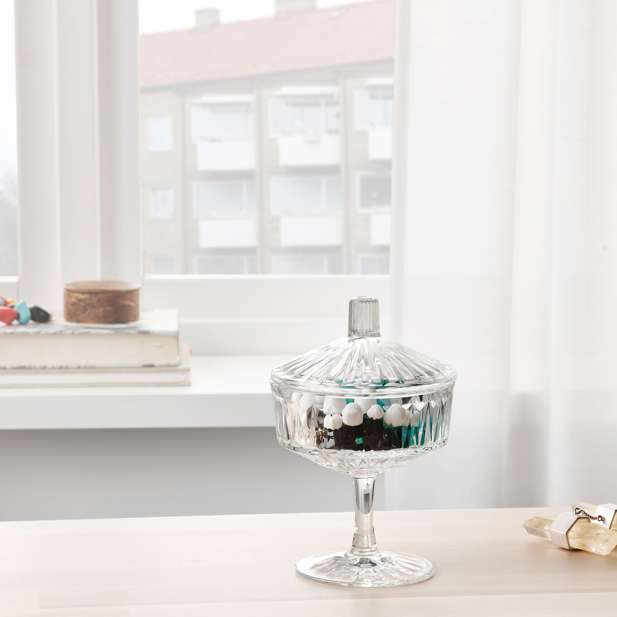 SÄLLSKAPLIG Bowl with lid, clear glass/patterned, 10 cm