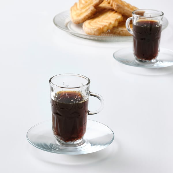 SÄLLSKAPLIG Cup with saucer, clear glass/patterned, 7 cl