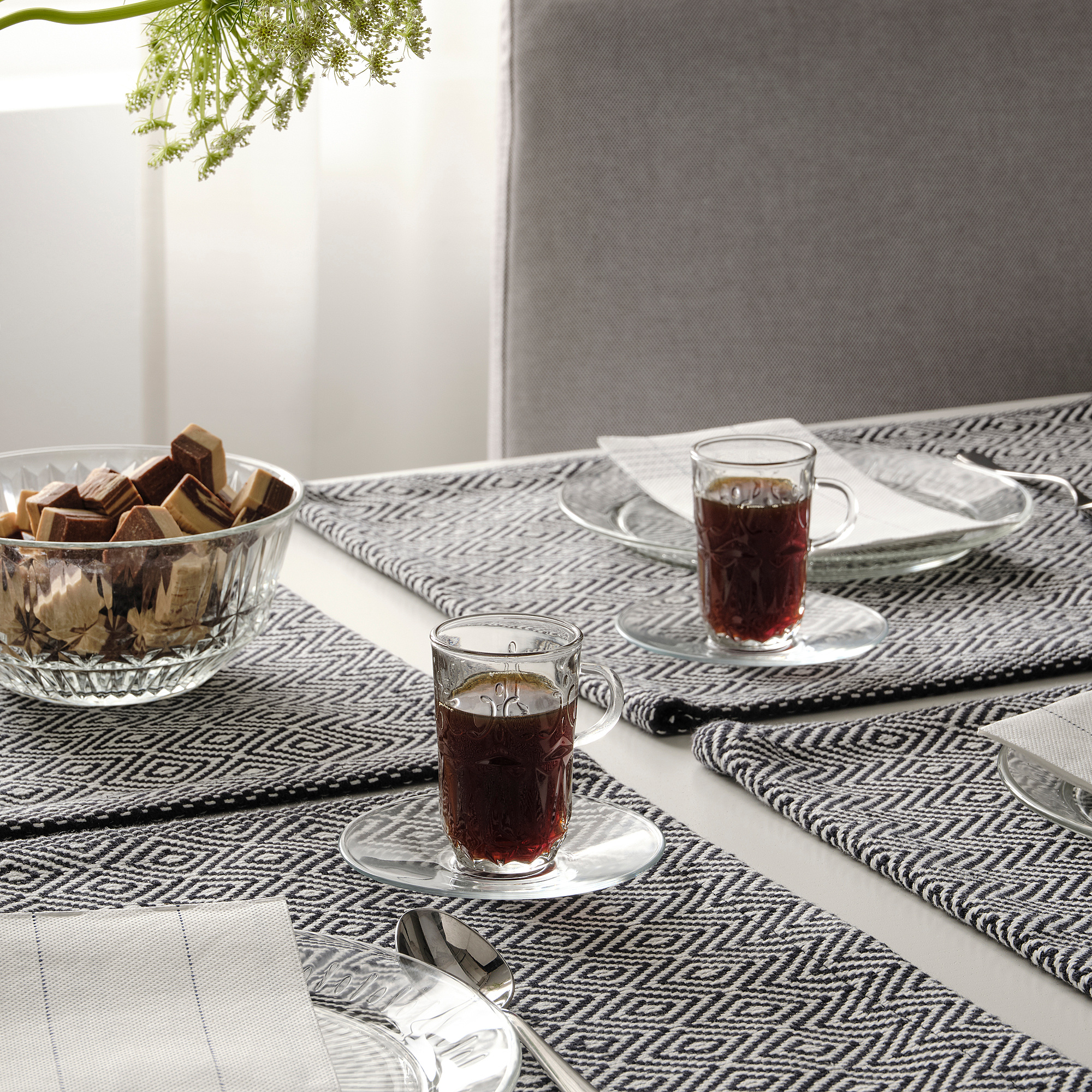 SÄLLSKAPLIG Cup with saucer, clear glass/patterned, 7 cl