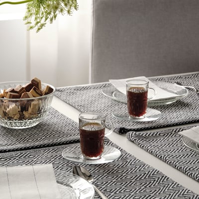 SÄLLSKAPLIG Cup with saucer, clear glass/patterned, 7 cl