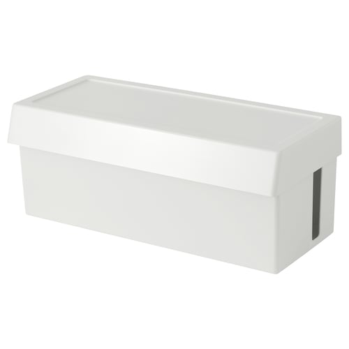 A white plastic storage box named SÄTTING, designed to hide and organise cables and chargers.