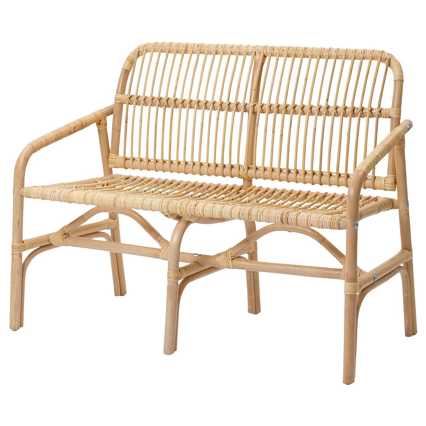 Natural rattan SALNÖ bench with curved design, light brown.