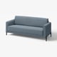 Modern blue fabric sofa with slim design, rounded back, and metal legs.