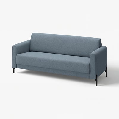 Modern blue fabric sofa with slim design, rounded back, and metal legs.