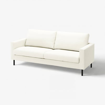 A white, modern SALTSJÖBADEN sofa with sleek lines, black legs, and back cushions, designed for comfort.