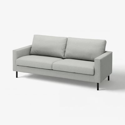 Modern grey sofa, minimalist design, soft cushions, sturdy black legs.