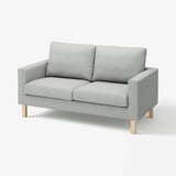 Light grey recycled polyester couch with wooden legs. Compact and modern.