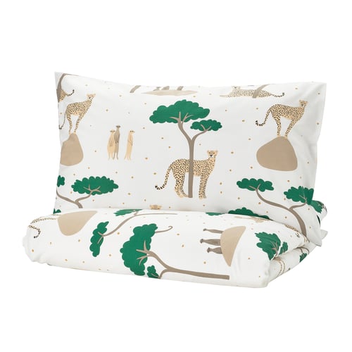 Sandlopåre duvet set, white with cheetahs, trees, tan accents. Cotton-viscose blend, rectangular with zip.