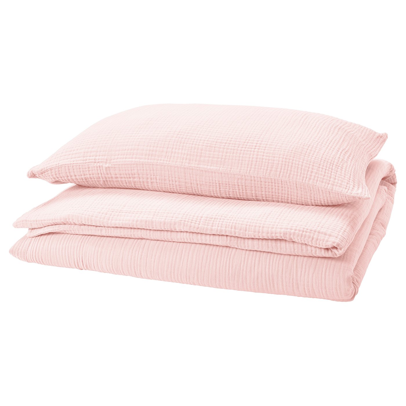 A SCHERSMIN duvet set in light pink with a textured design. The set includes a duvet cover and a pillowcase made from 100% organic cotton.