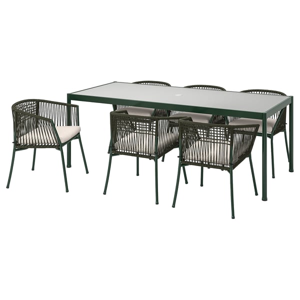 SEGERÖN Table+6 chairs w armrests, outdoor, dark green/Frösön/Duvholmen beige, 212 cm