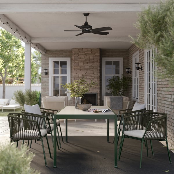 SEGERÖN Table+6 chairs w armrests, outdoor, dark green/Frösön/Duvholmen beige, 212 cm