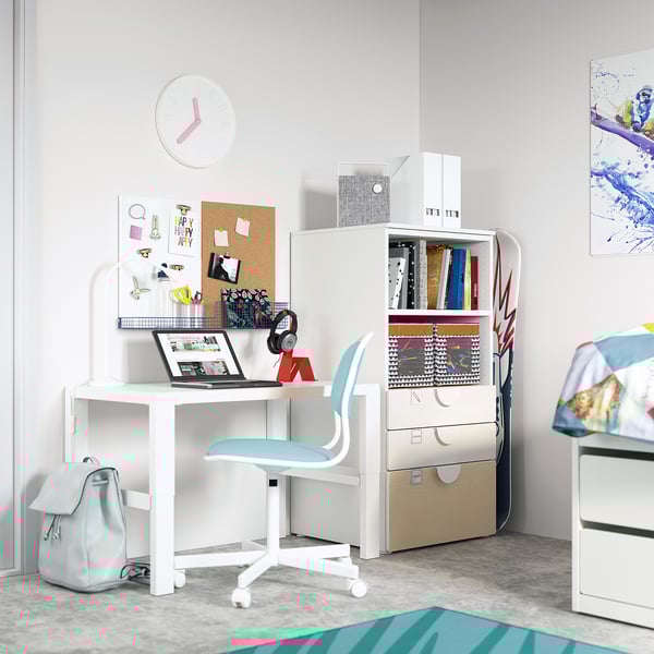 SMÅSTAD / PLATSA Bookcase, white birch/with 3 drawers, 60x57x123 cm