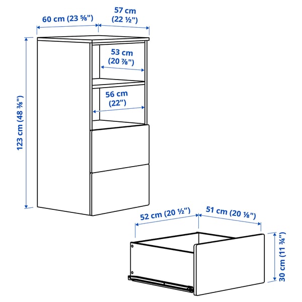 SMÅSTAD / PLATSA Bookcase, white with frame/with 2 drawers, 60x57x123 cm