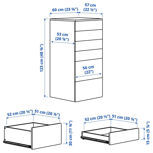 SMÅSTAD / PLATSA Chest of 6 drawers, white with frame, 60x57x123 cm
