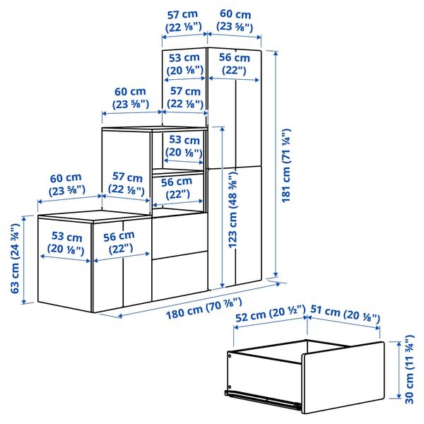SMÅSTAD / PLATSA Storage combination, white/with frame, 180x57x181 cm