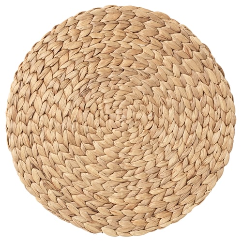 A round, woven basket made of natural water hyacinth. It has a textured, spiral design and is handcrafted.