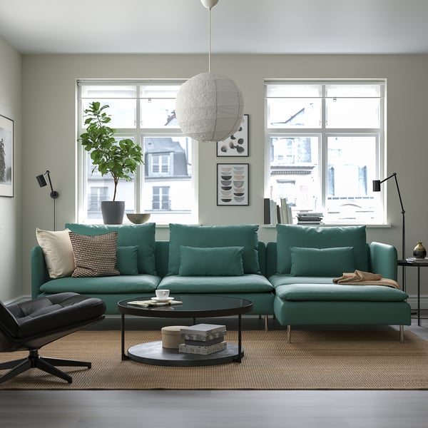 SÖDERHAMN 4-seat sofa with chaise longue, Kelinge grey-turquoise
