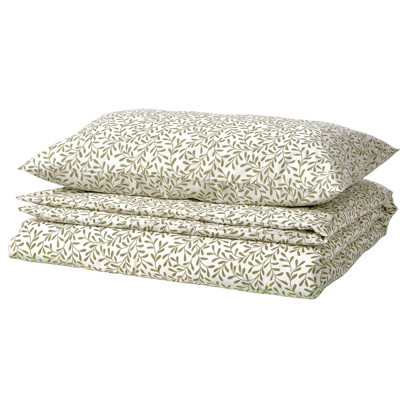 SORGMANTEL bedding set: white & green floral, recycled cotton-polyester, rectangular, three stacked pieces.