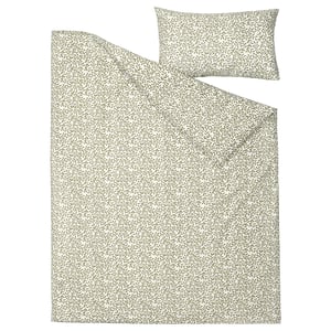 SORGMANTEL duvet & pillow set, greenish cream, leaf pattern, breathable, recycled polyester & cotton.