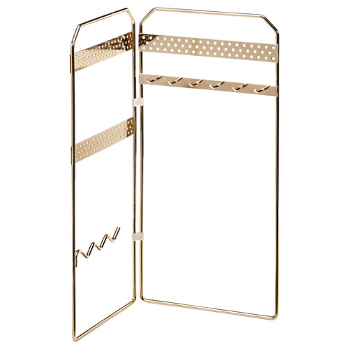A gold-colored SPRIDARE jewellery stand. Its nickel-plated steel frame supports bars for hanging items, featuring a modern design.