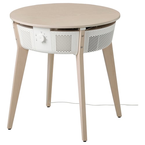 Stylish STARKVIND air purifier with light wood top & angled legs.