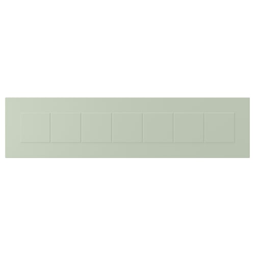 A green STENSUND cabinet front with grooved panels, made of fibreboard, in a rectangular shape with a classic design.