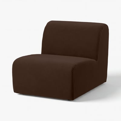 Dark brown, modern, minimalist sofa; rounded edges, plush upholstery.
